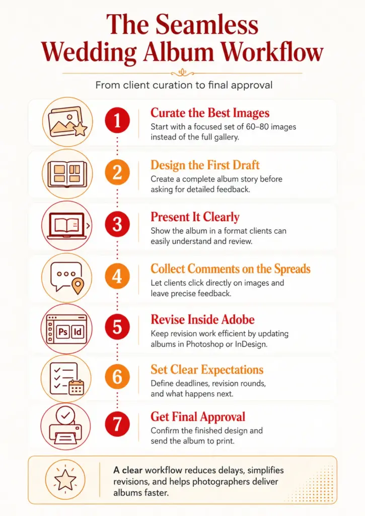 nfographic detailing a 7-step seamless wedding album workflow for photographers, from client curation to final approval.